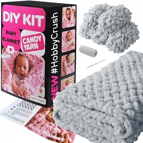 Beginner Craft Kit – Easy Loop Yarn Baby Blanket Kit for Adults & Kids, DIY Arm Knitting Kit with Soft Chenille Yarn, Perfect Handmade Gift (Gray) by Candy-Yarn