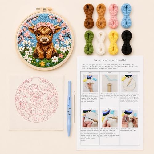 Punch Needle Kits for Beginners,DIY Punch Needle Embroidery with Fabric, Hoops, Yarns and Sewing Needles for Adults Children Festival Gift and Home Decor, 20x20cm (Peach Blossom Highland Cow) - Image 7