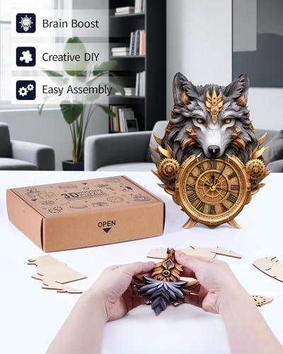 3D Wooden Puzzles for Adults Gray Wolf Design Clock Model Kit with Pendulum - Image 4