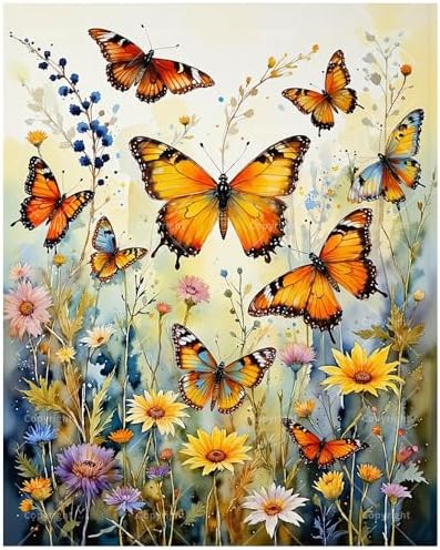 Floral Paint by Numbers Kit for Adults - DIY Orange Butterflies and Wildflowers Painting on Canvas, Acrylic Paint Set, Suitable for Beginners, Art for Home Decoration or Gifts(12X16IN Framed) by Unknown