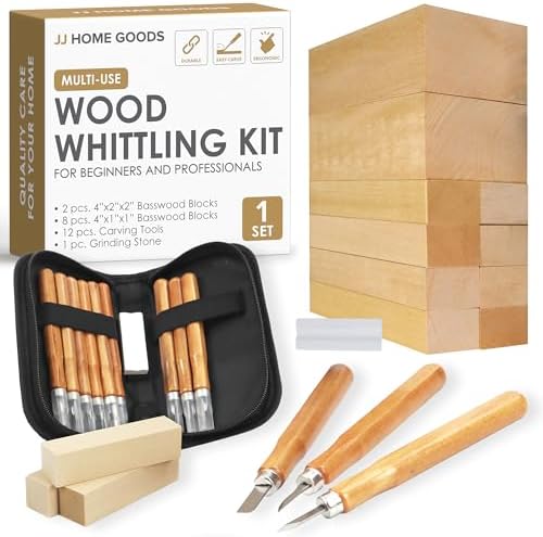 JJ CARE Wood Carving Kit, 24pcs Wood Whittling Kit with 12 SK2 Steel Carving Knives, 10 Basswood Blocks, 1 Grinding Stone & Storage Case, Gift Set for Beginners & Adults by JJCARE