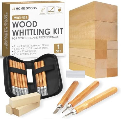 JJ CARE Wood Carving Kit, 24pcs Wood Whittling Kit with 12 SK2 Steel Carving Knives, 10 Basswood Blocks, 1 Grinding Stone & Storage Case, Gift Set for Beginners & Adults by JJCARE