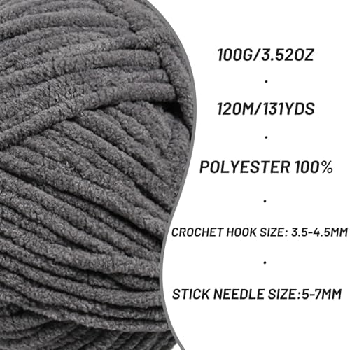 3 Packs Plush Chenille Chunky Crochet Yarn - Baby Yarn for Crocheting Soft - Velvet Yarns Knitting for Blankets Crafts - Fluffy Amigurumi Yarns 300g / 393yd (3 Dark Gray) - Image 2