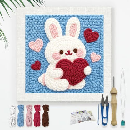 Doodlream Love Bunny Needle Kit for Beginner, 9.4"x 9.4" Cute Rabbit Punch Stitching Craft Set, DIY Embroidery Starter with Printed Frame, Instruction, Threader, Yarn, Pinch Needle by Doodlream
