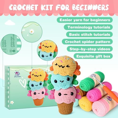 Crochetta Crochet Kit for Beginners, Crochet Starter Kit w Step-by-Step Video Tutorials, Beginner Crochet Kit for Adults Kids Women Men Complete Kit Included (Ice Cream Axolotls) - Image 4