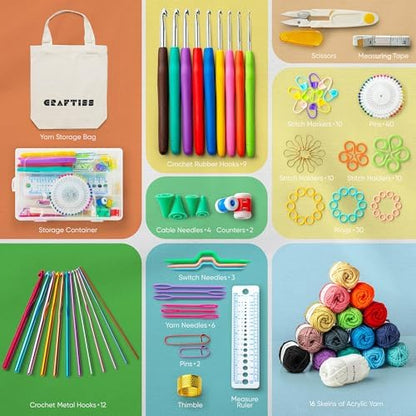 Crochet Kit for Beginners Adults and Kids - Beginner Crochet Kit for Adults with 40 Step-by-Step Video Tutorials, Amigurumi and Crocheting Kit, Starter Set 16 Yarn Colors and Crochet Bag (Kit 158 pcs) - Image 3