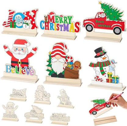 Yuntau 24 Pcs Color Your Own Christmas Table Crafts Decorations Merry Christmas DIY Paint Wooden Table Centerpiece Signs Unfinished Holiday Desktop Decor for Xmas Holiday Party Gifts Favors by Yuntau
