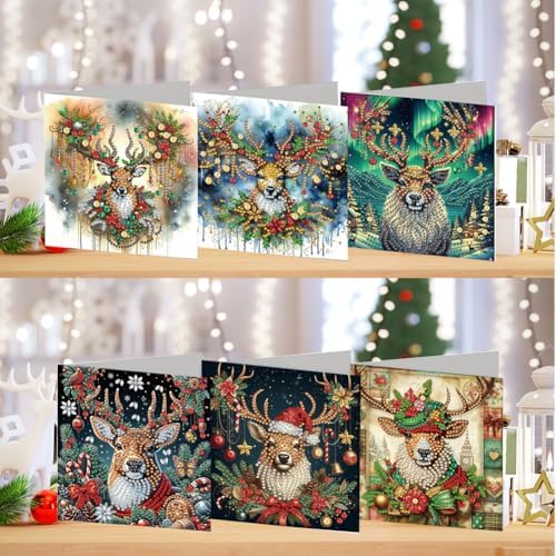 jinglinhh 6pcs Christmas Elk Aurora Diamond Art Painting Greeting Cards with Envelopes, DIY Card Making Kits for Adults, Diamond Art Postcards Christmas Cards Craft Gifts - Image 4