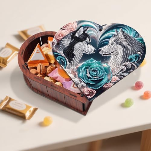 DIY Diamond Painting Kit Storage Box, Rose Wolf Dog Diamond Decorative Craft Heart Shaped Kit, Desktop Item Storage, Multifunctional Creative Craft Gift - Image 6