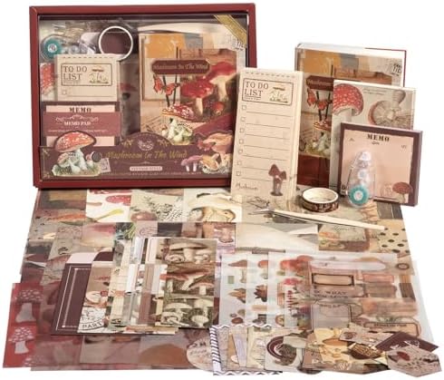 Scrapbook Photo Album Supplies Kit with Tweezers and Glue Tape – Vintage Aesthetic Junk Journaling Set, Scrapbooking Paper, Sticker Pack, Notebook, Stationery Kit, Gift for Adults Teens (Mushroom) by Unknown