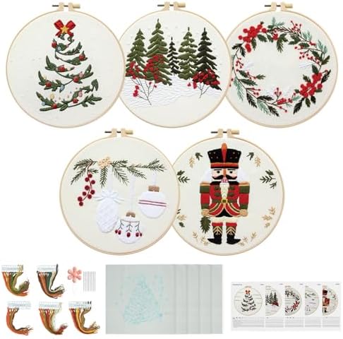 5 Sets Christmas Embroidery Kit for Beginners Adults Embroidery Starter Kit Pine Tree Nutcracker Patterns Winter Xmas Embroiderys Needlepoint Kits Includes Instruction 2 Hoops Color Threads Needles by Elasign