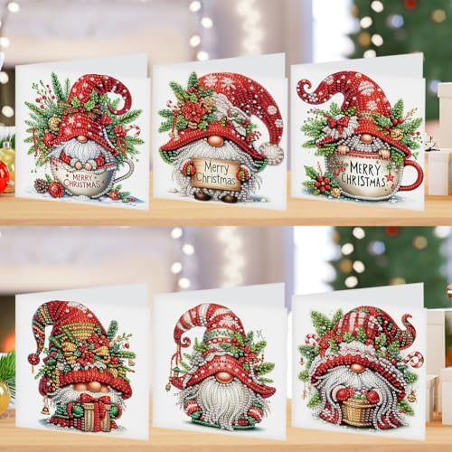 jinglinhh 6pcs Christmas Cup Gnome Diamond Art Painting Greeting Cards with Envelopes, DIY Card Making Kits for Adults, Diamond Art Postcards Holiday Cards Craft Gifts - Image 4