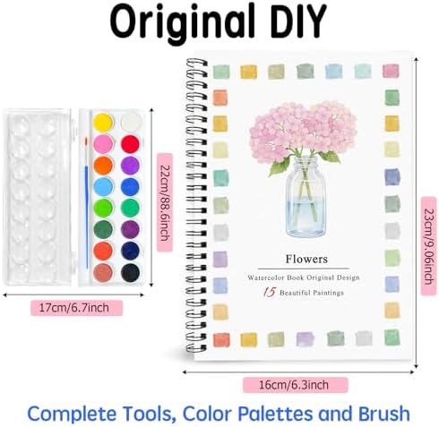 SLWBZ Watercolor Workbook Pink Flowers, 15 Different Patterns of Original DIY Designs, 16 Color Watercolor Paint Plates with Palette and Brush, Beginner-Friendly Watercolor Workbooks, Pink Hydrangea - Image 2