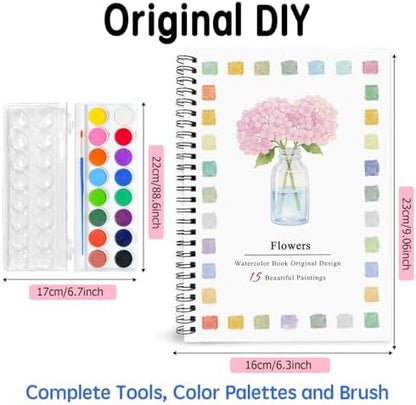 SLWBZ Watercolor Workbook Pink Flowers, 15 Different Patterns of Original DIY Designs, 16 Color Watercolor Paint Plates with Palette and Brush, Beginner-Friendly Watercolor Workbooks, Pink Hydrangea - Image 2