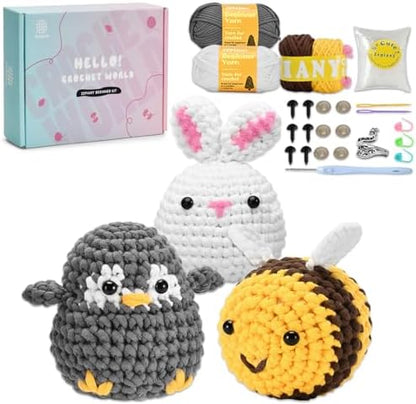 Zepiany Crochet Kit for Beginners, Crochet Kit for Adults Easy Arts Crochet Animals Crafts, Knitting Kit Crochet Kits Women Men with Step-by-Step Video Guides Crochet Gifts, Penguin Bee Bunny by CrochetKits