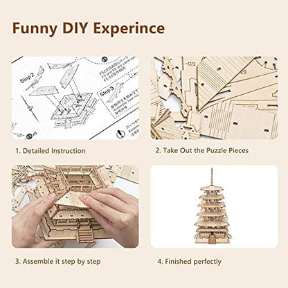 ROBOTIME 3D Puzzle Wooden Craft Kits for Adults DIY Model Building Kit Best Gift for Kids (Five-Storied Pagoda) - Image 7
