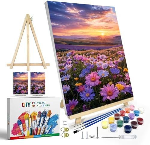 JOOZ Flowers Paint by Numbers Kit for Adults with Frame, Sunset Mountain Paint by Number with Easel, DIY Adult Paint by Number Kits on Canvas Landscape for Home Wall Decor 8 x 12 Inch by Jooz