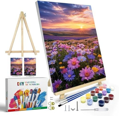 JOOZ Flowers Paint by Numbers Kit for Adults with Frame, Sunset Mountain Paint by Number with Easel, DIY Adult Paint by Number Kits on Canvas Landscape for Home Wall Decor 8 x 12 Inch by Jooz