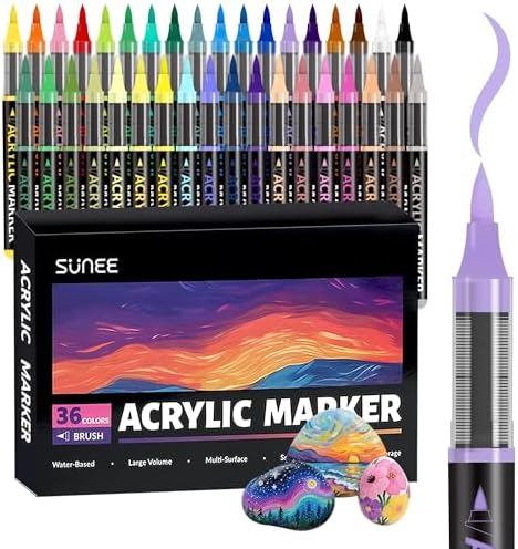 SUNEE Acrylic Paint Markers Brush Tip, 36 Colors Acrylic Markers with Automatic Ink Control System, Waterproof Acrylic Paint Pens for Painting,Wood, Canvas, Glass, Stone, Fabric and Art Supplies by SUNEE