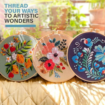 Colorful Flowers Embroidery Kit for Beginners – DIY Hand Embroidery Set with 3 Hoops, Stamped Patterns, Needles, Thread, Scissors – Floral Embroidery Kit for Adults, Teens, Women, Craft Lovers - Image 3
