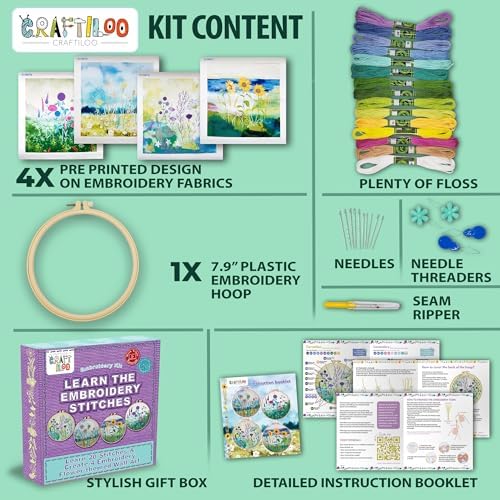 Embroidery Kit for Beginners Adults - 4 Floral Patterns, Learn 17 Stitches - Image 2