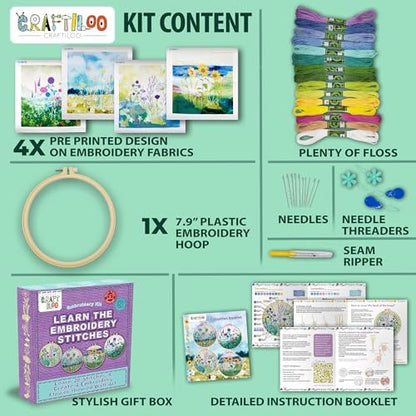 Embroidery Kit for Beginners Adults - 4 Floral Patterns, Learn 17 Stitches - Image 2