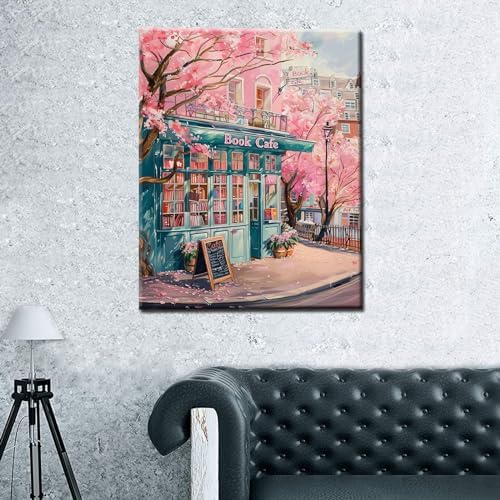 London Library Paint by Numbers Kits for Adult Pink Blossom Floral Paint by Numbers Bohemia Paint by Numbers for Adults Canvas for Home Decoration Creative Wall Art DIY Framed 16x20 Inch - Image 4