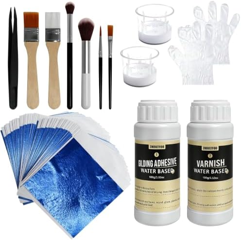 200 Pieces Blue Gold Leaf Sheets,Complete Gilding Adhesive Kit for Leaf by ZHIBEIYOU