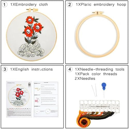 Crafmanoe Halloween Embroidery Starter Kit for Beginners Adults, Skull Flowers Stamped Cross Stitch Kits for Beginners Adults, Gothic Hand Embroidery Needlepoint Kits, Hoops, Fabric and Video Tutorial - Image 2