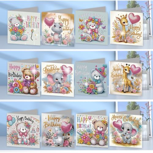 jinglinhh 12pcs Diamond Art Painting Birthday Bear Elephant Giraffe Flower Balloon Greeting Cards with Envelopes, DIY Card Making Kits for Adults, Diamond Art Postcards Christmas Cards Craft Gifts - Image 6