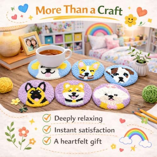 Punch Needle Coaster Kit for Adults Beginners, Easy Punch Embroidery Starter Set with Instructions – Fun Mug Rug Making Kit for Table Decor & Festival DIY Gifts (6pcs Cute Dogs) - Image 2
