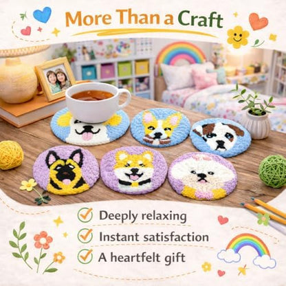 Punch Needle Coaster Kit for Adults Beginners, Easy Punch Embroidery Starter Set with Instructions – Fun Mug Rug Making Kit for Table Decor & Festival DIY Gifts (6pcs Cute Dogs) - Image 2