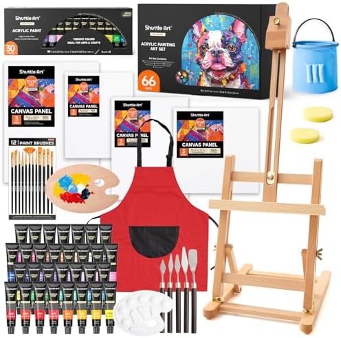 66 Pack Acrylic Paint Set, Shuttle Art Acrylic Painting Set with 30 Colors Acrylic Paint, Wooden Easel, Painting Canvas, Paint Brushes, Palettes, Art Painting Supplies for Kids Adults Beginner Artists by ShuttleArt