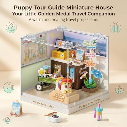 Puppy Tour Guide Miniature House Kit, Durable Plastic DIY Dollhouse with Dog Figure & Travel Scene, Stackable Transparent Dust Cover, Creative Desktop Decor for Adults Teens - Image 2