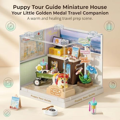 Puppy Tour Guide Miniature House Kit, Durable Plastic DIY Dollhouse with Dog Figure & Travel Scene, Stackable Transparent Dust Cover, Creative Desktop Decor for Adults Teens - Image 2
