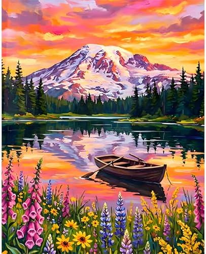 Paint by Numbers Kit for Adults, Mountain Lake Number Painting Canvas Kit by CamocinDIYKit