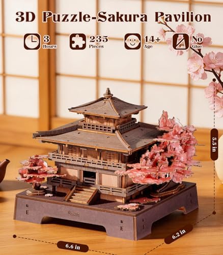 Rolife 3D Wooden Puzzle Sakura Pavilion, DIY Japanese Architecture Model & Miniature House Building Kit for Adults, 235PCS Wood Craft Puzzle, Cherry Blossom Home Decor for Teens and Adults - Image 2