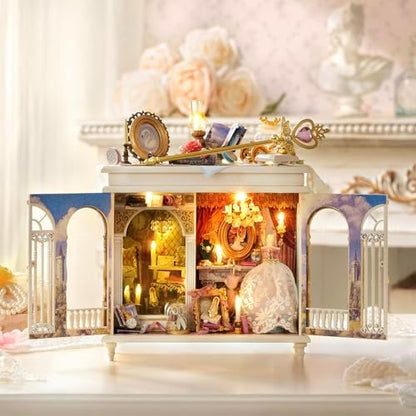 CUTEROOM DIY Miniature Dollhouse Kit Vintage European Wardrobe, 3D Wooden Diorama Cabinet with LED Light, Handcrafted Princess Palace Theme Desktop Ornament Collectible Gift for Adults - Image 3