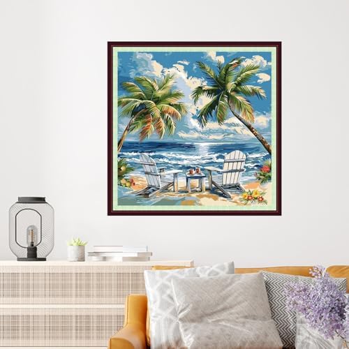 Dooxvey Cross Stitch Kits for Adults Beginners,Full Range of Cross-Stitch Stamped Kits Needlepoint Kits for Beginners Embroidery Kits 11CT Cross Stitch Patterns-Drinking tea resting seaside 18x18 inch - Image 2