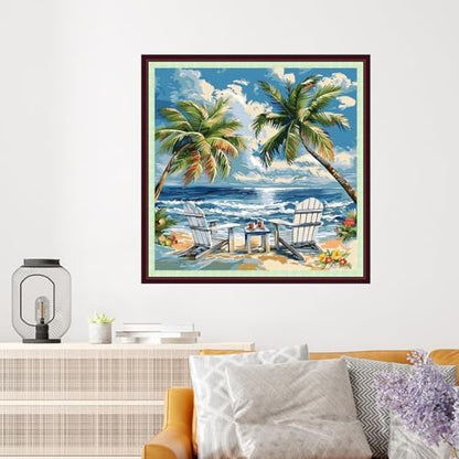 Dooxvey Cross Stitch Kits for Adults Beginners,Full Range of Cross-Stitch Stamped Kits Needlepoint Kits for Beginners Embroidery Kits 11CT Cross Stitch Patterns-Drinking tea resting seaside 18x18 inch - Image 2