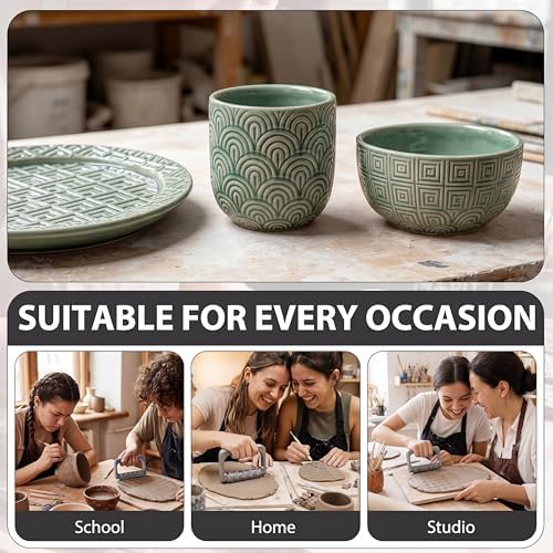 Leriton 9 Pcs Clay Texture Roller Set with Handle, Geometric - Image 6