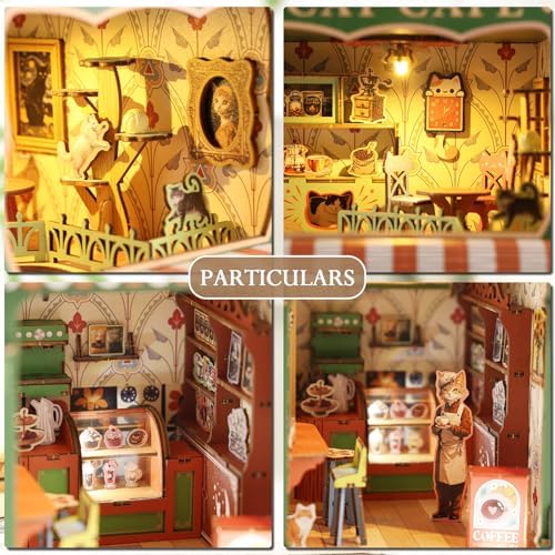 Book Nook Kit,DIY Miniature House Kit for Adults, Teens and Beginners, Dollhouse Booknook Cat Cafe Tiny House Bookshelf Decor 3D Wooden Puzzle, Gifts for Family, Friends - Image 3