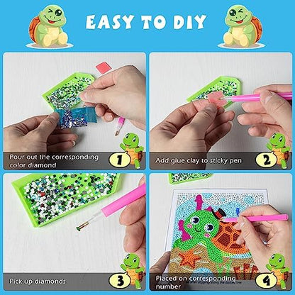 QEUOYSS Diamond Art Kit for Kids with Wooden Frame Art and Crafts for Kids Ages 6-8 -10-12 Easy to DIY Diamond Art for Kid and Adult Beginners Home Wall Decoration (Turtle) - Image 3