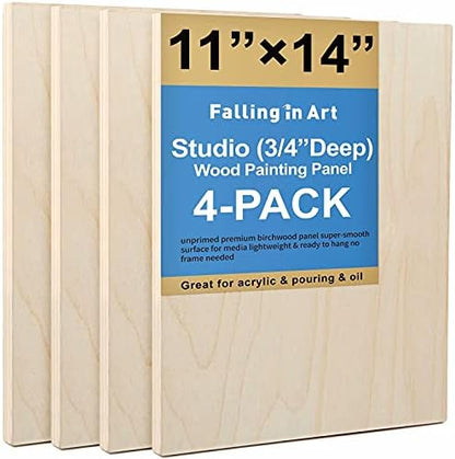 Falling in Art 4 Pack 11x14’’ Unfinished Birch Wood Panels Kit for Painting by FallinginArt