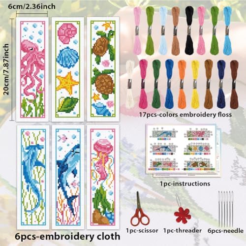 ACRNIGHEET 6PCS Cross Stitch Bookmark Kits Marine Animals Pattern Stamped Cross Stitch Kits for Beginners Adults DIY Stamped Embroidery Bookmarks with Instructions Hand Embroidery Craft Gift 11CT - Image 2