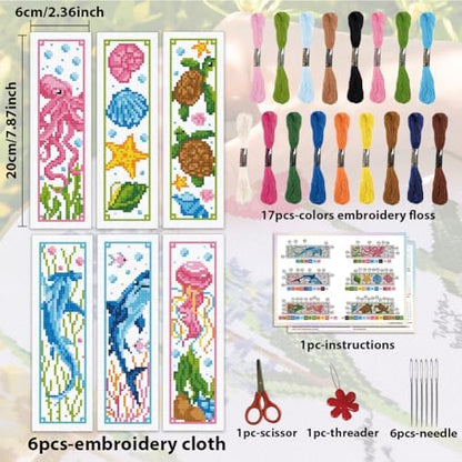 ACRNIGHEET 6PCS Cross Stitch Bookmark Kits Marine Animals Pattern Stamped Cross Stitch Kits for Beginners Adults DIY Stamped Embroidery Bookmarks with Instructions Hand Embroidery Craft Gift 11CT - Image 2
