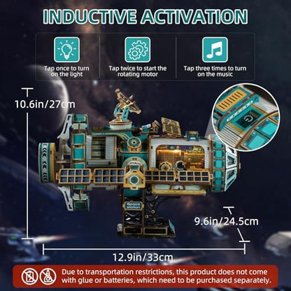 3D Wooden Puzzles International Space Station Model - Collectible Display Model with Interlocking Design, Motorized Solar Panels, Radar & Thrusters, LED Light Effects(Celestigon Station) - Image 4