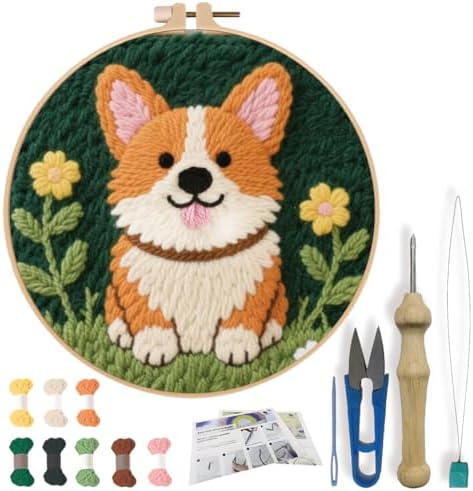 FREEBLOSS DIY Corgi Punch Needle Kit for Beginners Embroidery Punch Needle Starter Craft Set with Instructions Frame Embroidery Kit for Adults Gift Decoration 7.9''/20cm by FreeandCreativeCraftsArt
