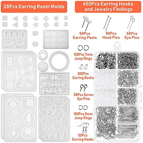 Resin Molds for Jewelry, Paxcoo 678pcs Earring Making Kit with 28pcs Epoxy Molds and 650pcs Earring Hooks, Jump Rings for Pendants, Resin Crafts, DIY Earring - Image 6