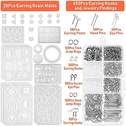 Resin Molds for Jewelry, Paxcoo 678pcs Earring Making Kit with 28pcs Epoxy Molds and 650pcs Earring Hooks, Jump Rings for Pendants, Resin Crafts, DIY Earring - Image 6